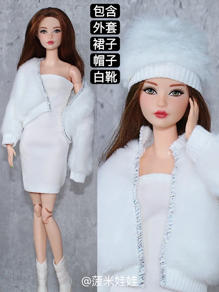 White dress + plush coat + hat / 30cm doll clothing winter wear outfit For 1/6 Xinyi FR ST mengfan Barbie Doll clothes