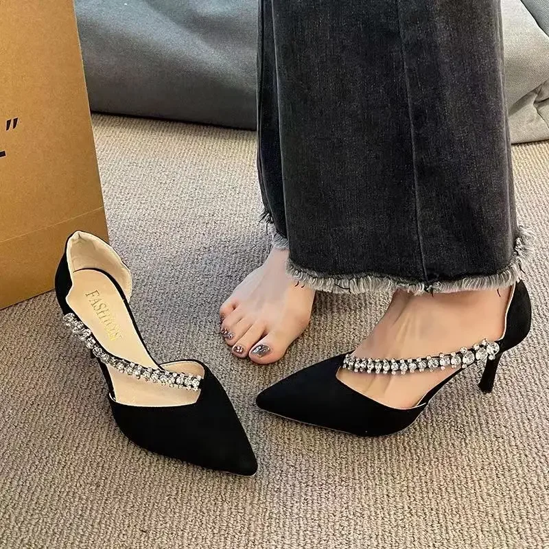 Fahsion Rhinester High Heels for Women 2024 Summer Woman Sandals New Pointy Thin Heel Party Black Sexy Single Shoes