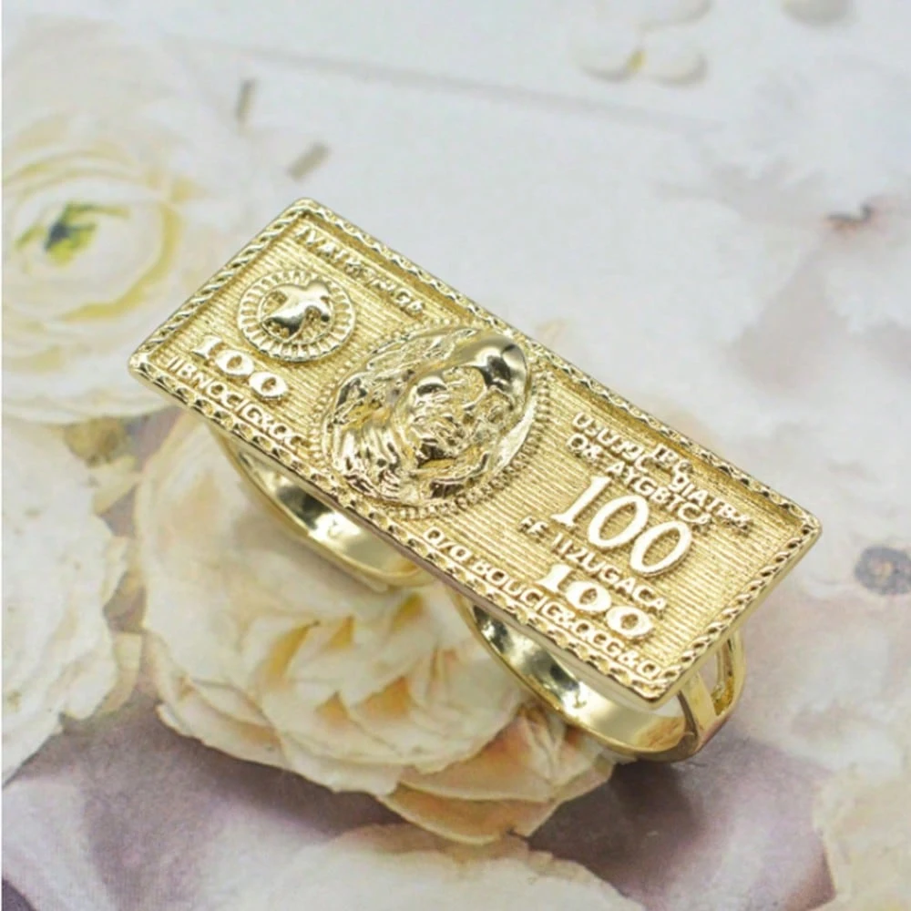 Gold Plated 100 Dollar Bill Adjustable Open Ring Vintage US Money Statement Finger Ring Men Women Hip Hop Jewelry