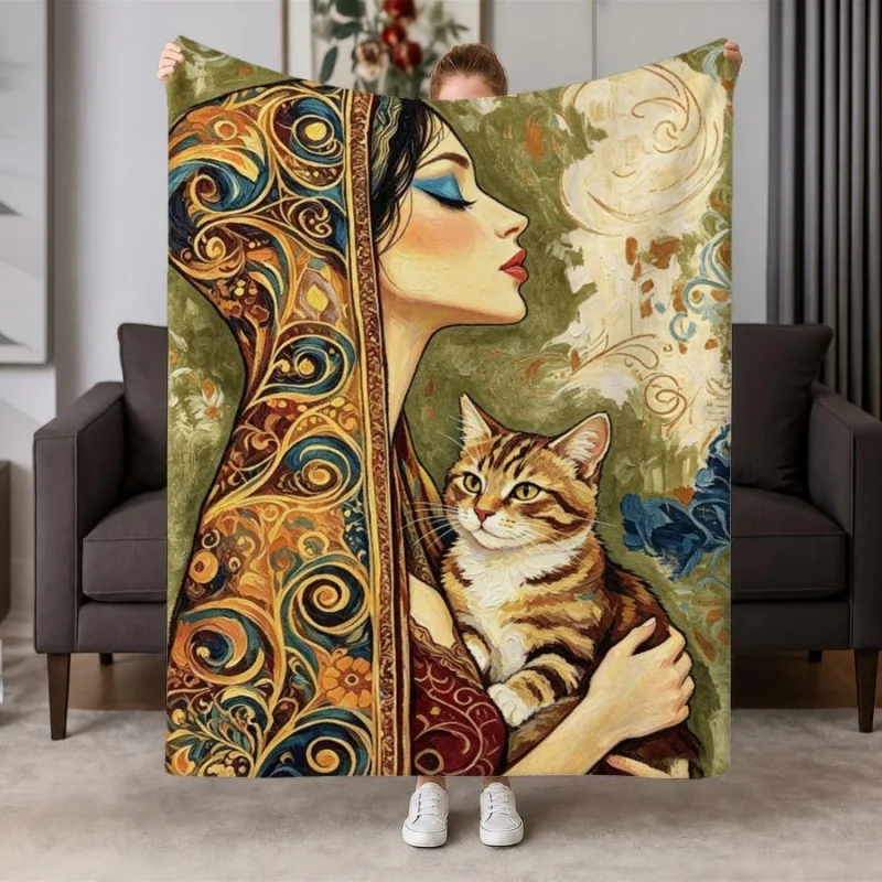 Art Painting Lady Holding Tabby Cat Vintage Ornate Pattern Printed Blanket Soft Lightweight Art Style Home Decor Blanket