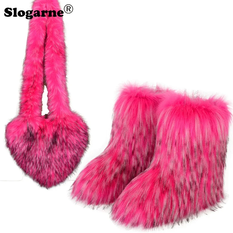 Faux Racoon Dog Fur Sets Furry Fur Bags and Boots Women's Winter Luxury Snow Boots Fur Shoes Girls Fluffy Fashion Handbags Suits