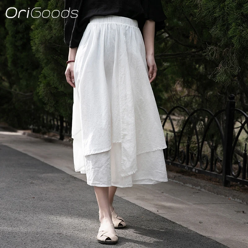 

OriGoods Summer Skirt Women Elastic Waist Cotton 100% Tie Dye Long Skirt Elegant Casual Black White Skirts Mori Girl Woman C035