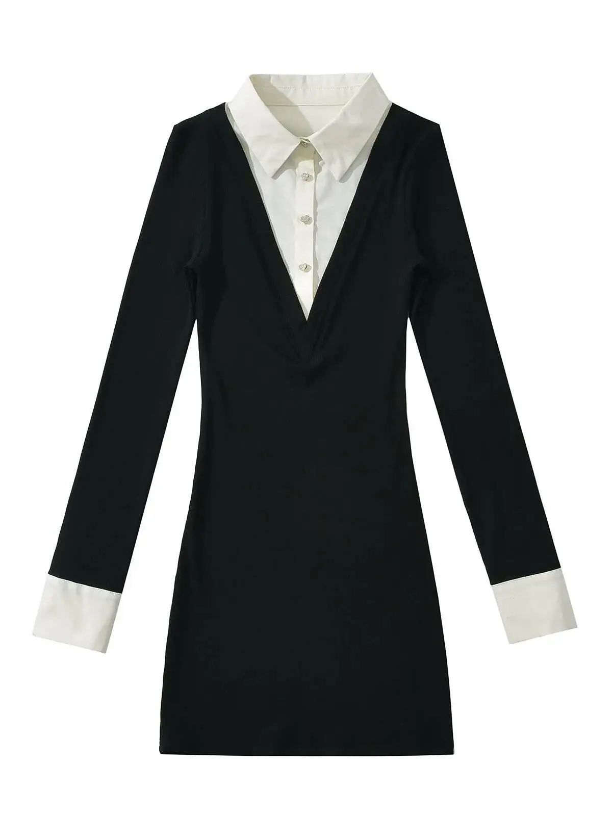 

Новое сексуальное платье-обманка Spicy Girl с V-образным вырезом, длинными рукавами, имитацией двух частей, сшитое из разных тканей, женское, с завышенной талией, облегающее, V71Q