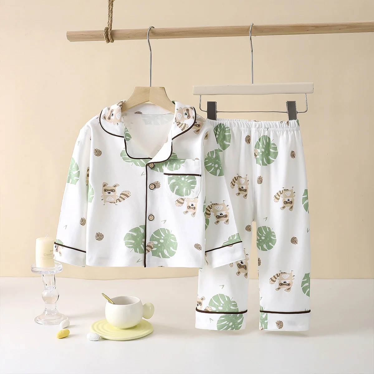Boys Girls Spring Autumn Pajamas Set Kids Casual Cartoon Long Sleeve Lapel Button Down Shirt + Pants Homewear Pyjamas Sleepwear