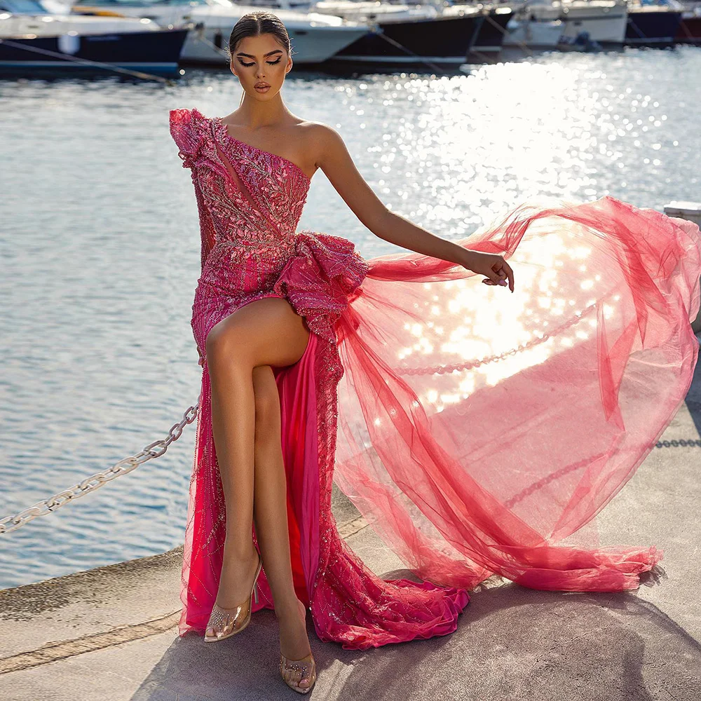 

Dubai Luxury Fuchsia Evening Dress 2023 New Fashion High Quality Pink Elegant Side Split Mermaid One Shoulder Dress