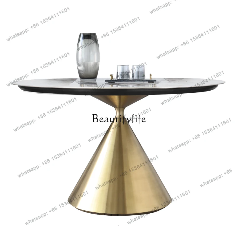

56Italian light luxury inlaid round table stainless steel bright rock slab dining table