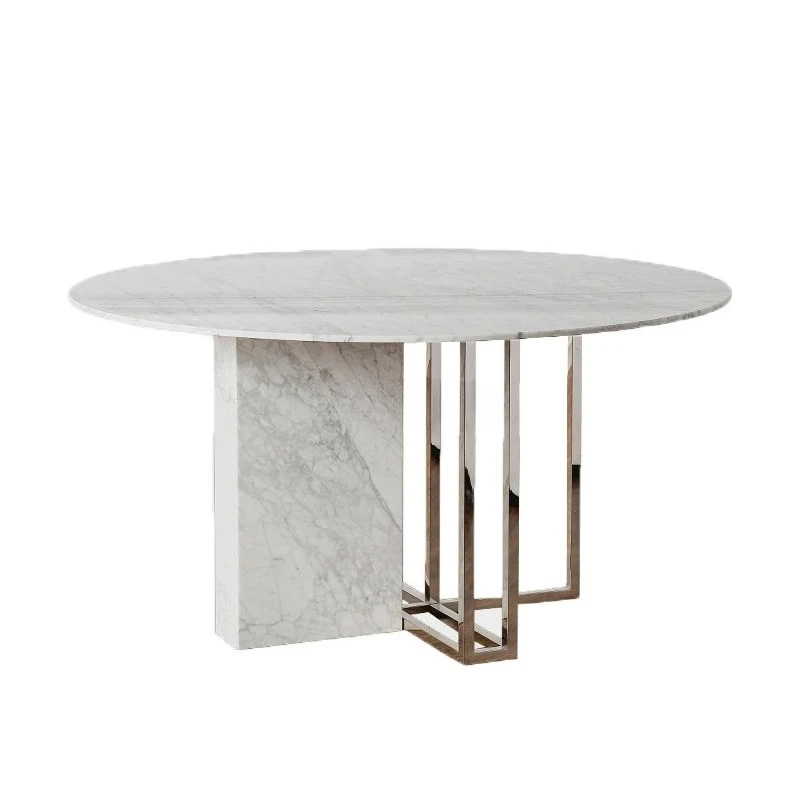 

Обеденный стол из чистого натурального мрамора, металлическое основание из нержавеющей стали, круглый стол на столешнице