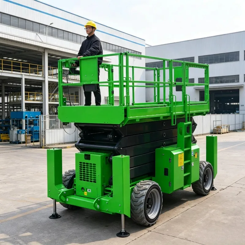 Rough Terrain Scissor Lifts Expandable Hydraulic Outrigger Anti Tip Over Structure Large Bearing Platform