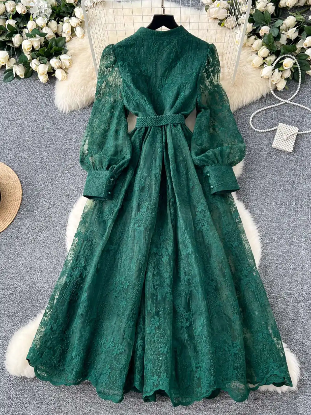 Luxury Embroidery Formal Dresses Women Summer Autumn Lantern Long Sleeve Lace Vestidos Pearl Prom Evening Birthday Dress Party