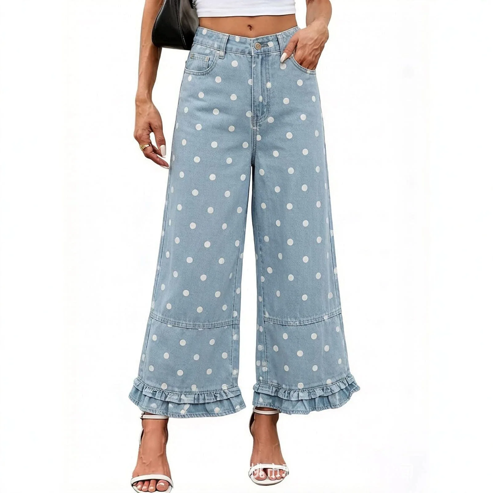 Y2K Jeans Women Polka Dot Wide Leg Jean Flounce Hem Cropped Pants Spring Summer