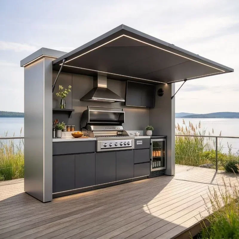 Customized Multi-Function Foldable Outdoor Backyard Bbq Kitchen with Electric Folding Top and Built-In Appliances