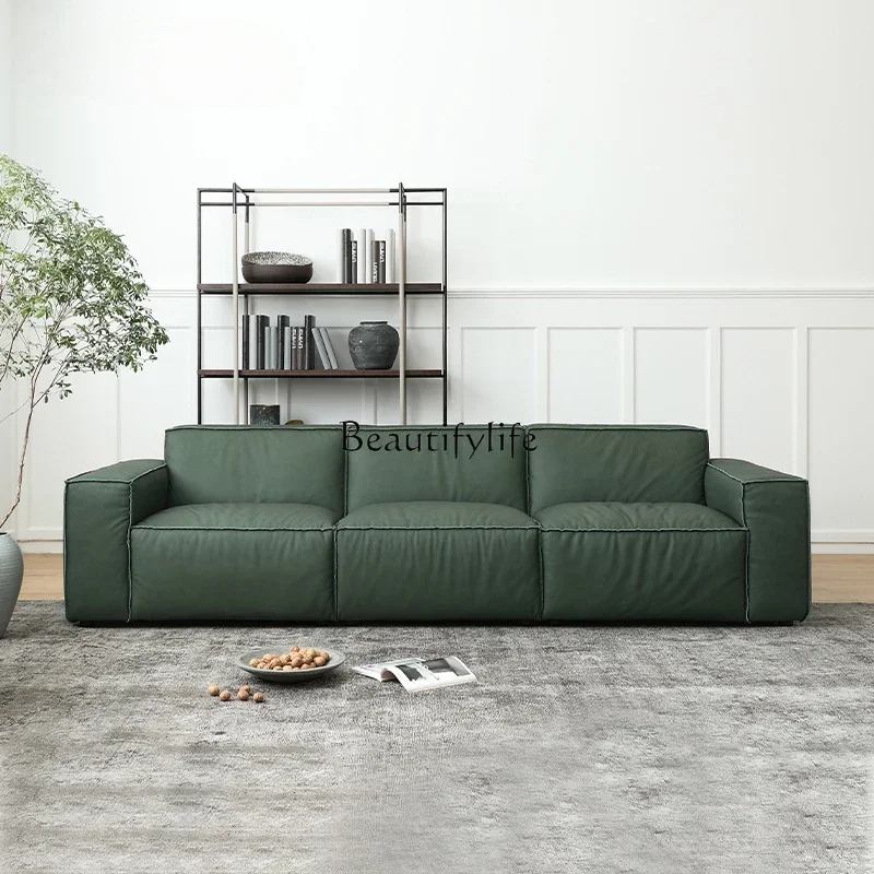 leather sofa first layer cowhide large apartment four people straight row minimalist tofu blocks