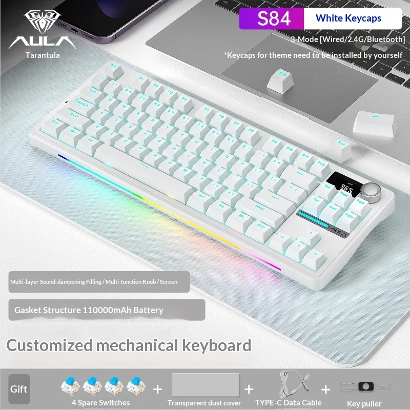 Aula Mechanical Keyboard S84 Tri Mode Wireless 87 Keys Hot Swappable Smart Screen Rgb Bluetooth 52 24g Type C Gaming Office