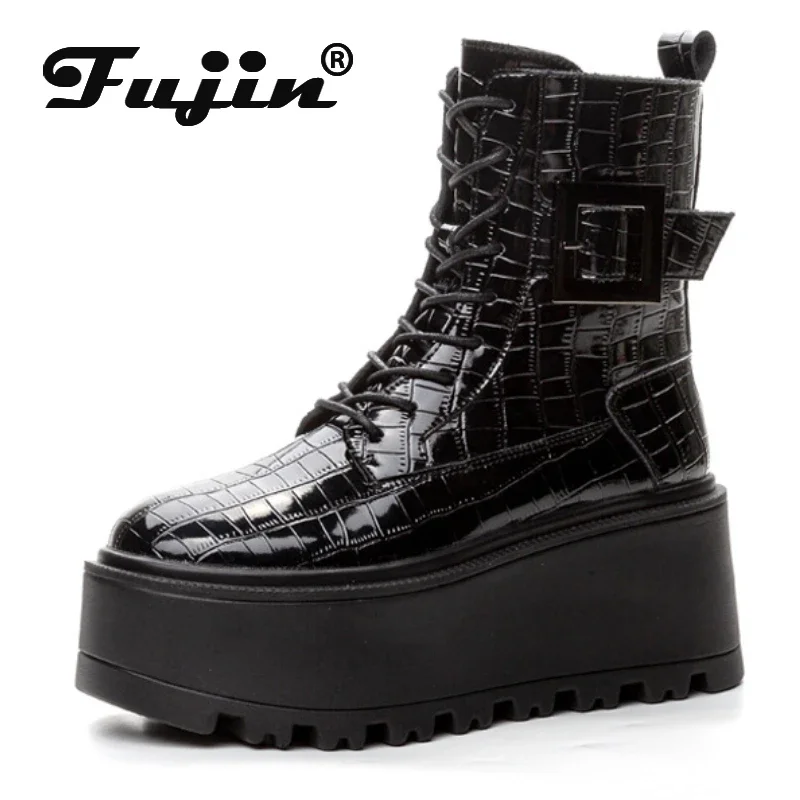 Fujin 8cm nowe damskie buty bojowe botki platformy trampki wiosna jesień ciepłe futro zimowe oryginalne skórzane buty damskie Boot