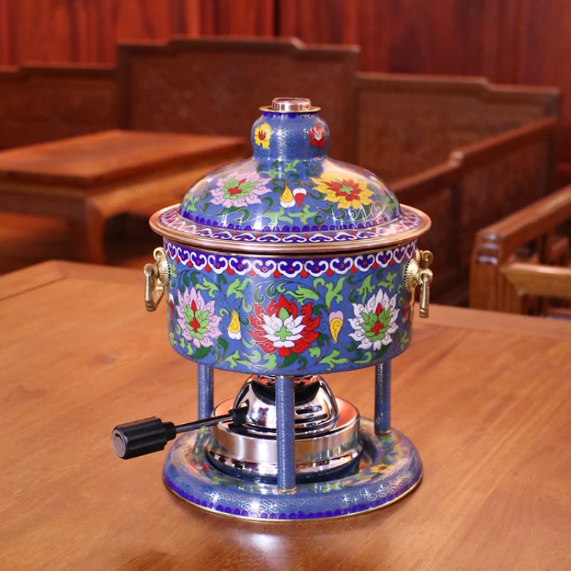 

Cloisonne enamel inflatable pure copper extra-thick hotel club single outdoor stove hot pot one pot fire boiler.