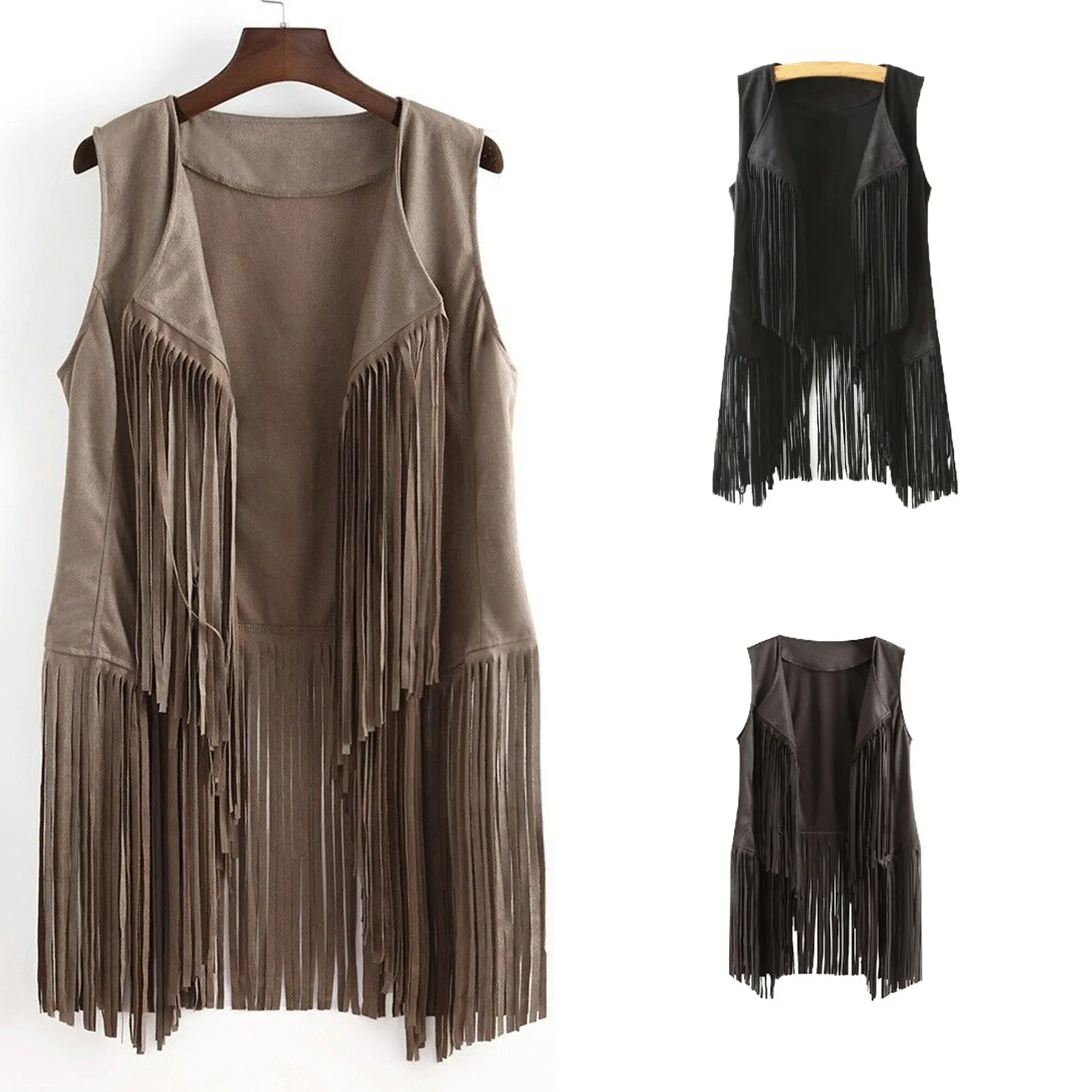 

Women Sleeveless Cardigan Tank Top Retro Ethnic Fringed Tassels Suede Leather Lapel Vest Casual Plus Size Tank Tops For Women