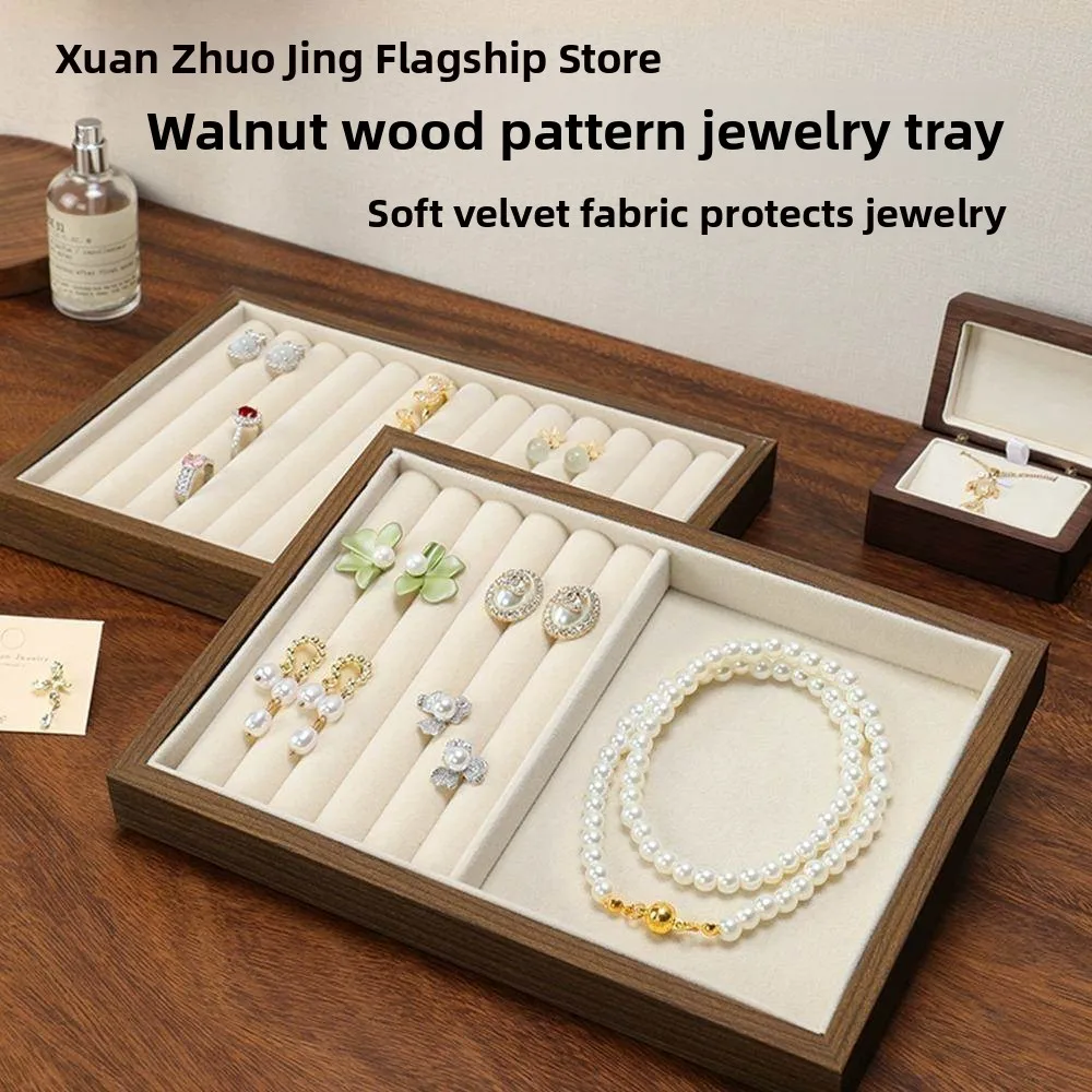 

Wooden Velvet Jewelry Display Tray Ring Necklace Earring Organizer Storage Box Counter Pad Soft Fabric Jewelry Case