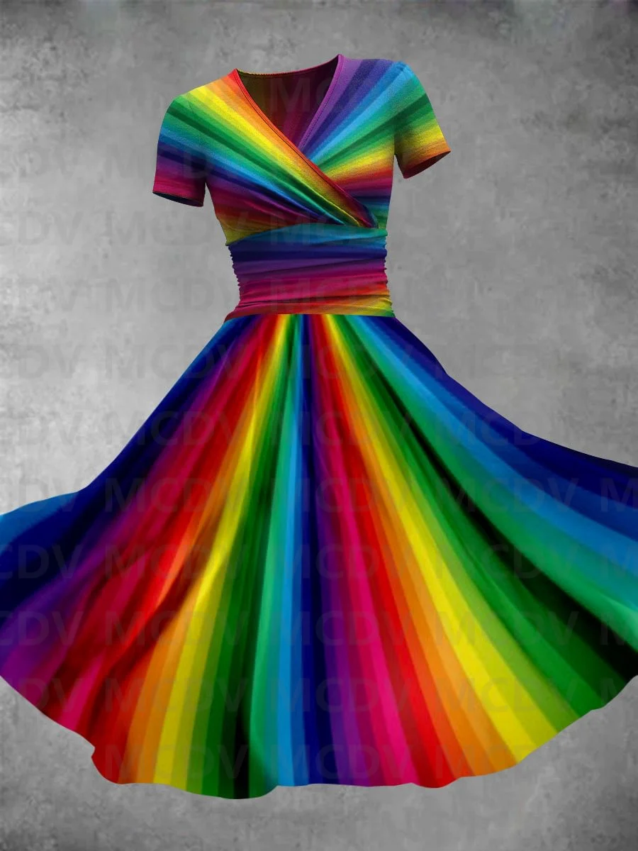 Women's Rainbow Collage Art Maxi Dress 3D Printed Sexy V-neck Dress Female Dresses