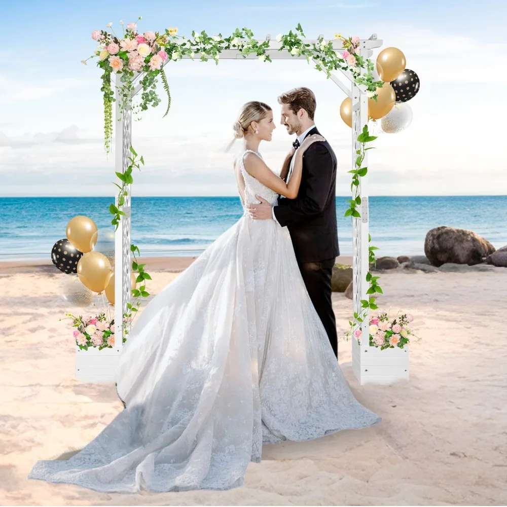 ​7.2 FT White Flat Top Wooden Arch with Planting Frame for Ceremony Party Decor