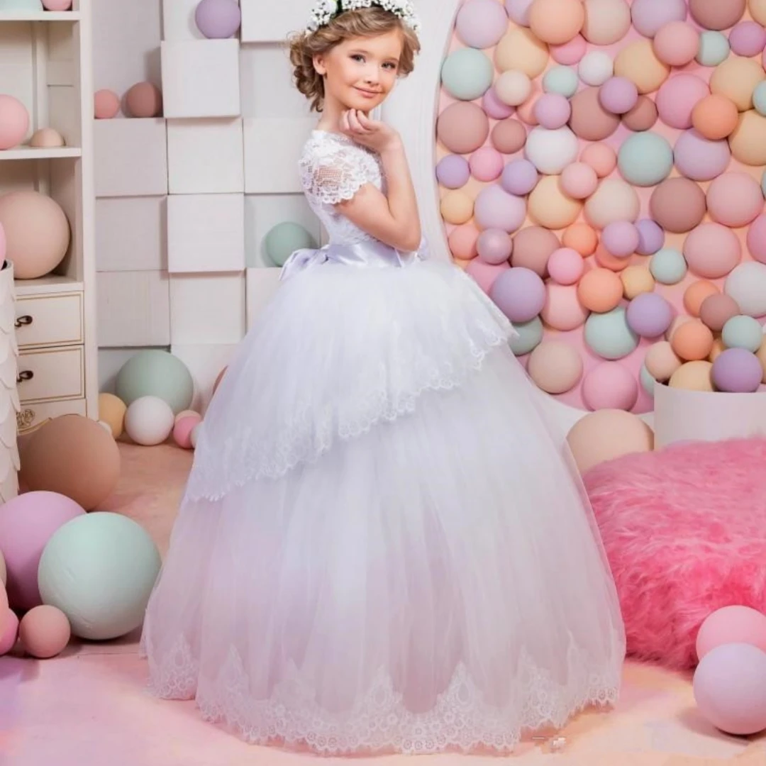 Flower Girl Dresses for Wedding Lace Beads 3D Floral Appliqued Little Girls Pageant Dresses Party Gowns Princess Wear