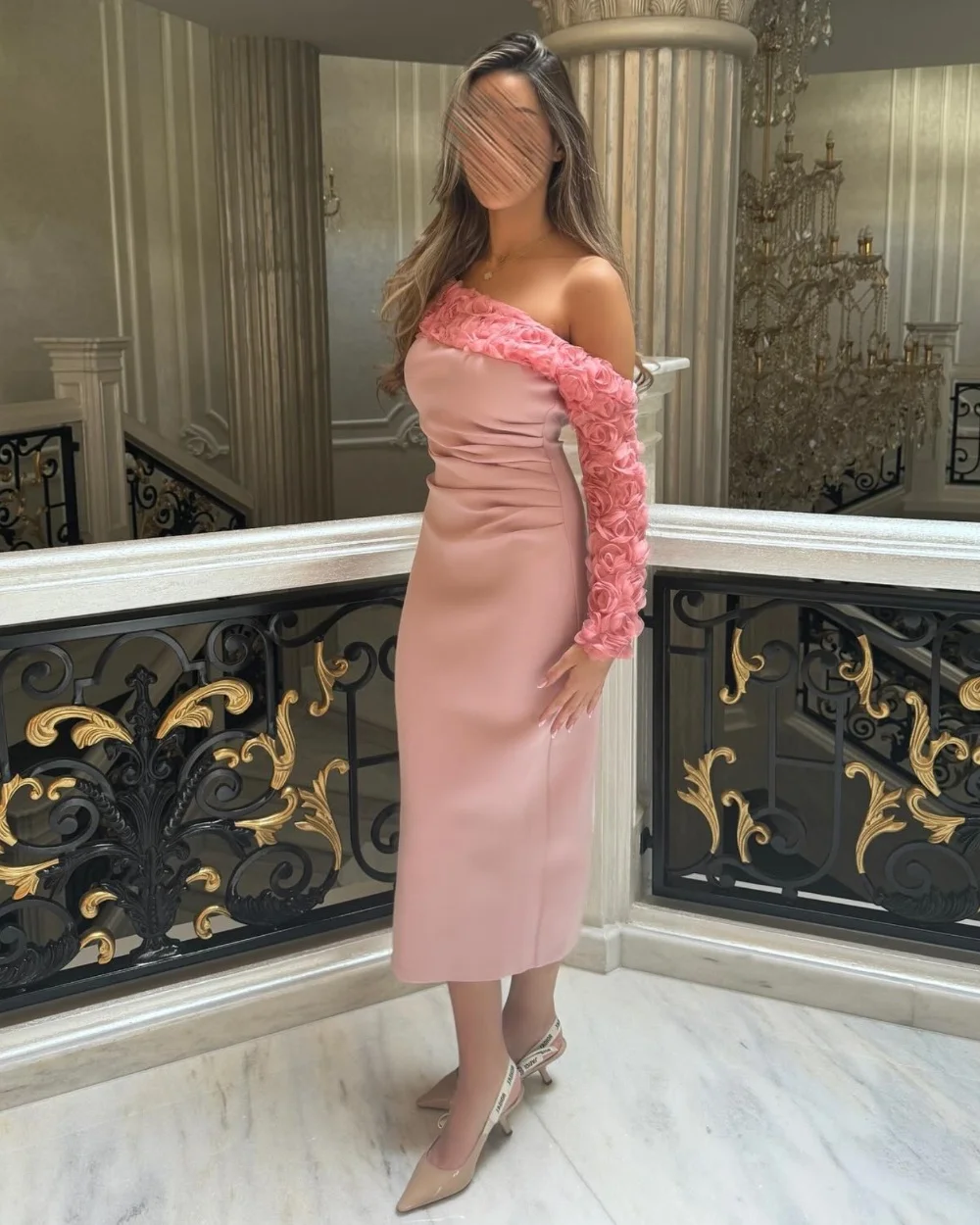 

Customized Fashion Jersey Flower Pattern Straight One-shoulder Midi Dresses Bespoke Occasion Prom Chinese Style