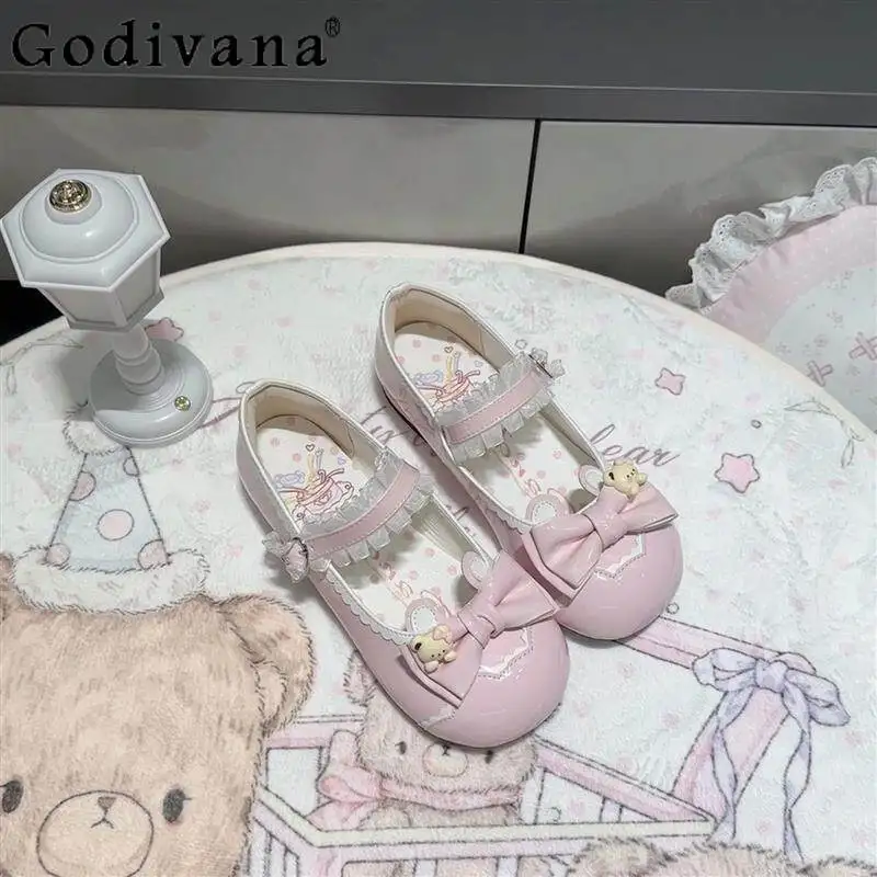 

2026 New Sweet Cute Japanese Lolita Style Women's Shoes Lace Bow Ballet Flats Round Toe Low Heel Mary Jane Single Shoes