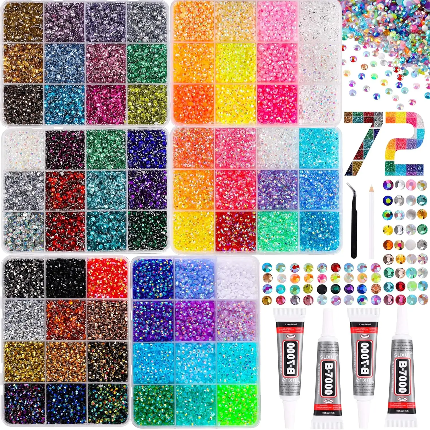 Bedazzling Kit 6 Box 72 Colors Resin Jelly Rhinestones 4×10ml B7000 Jewelry Glue 3mm Flatback Sparkling Gems