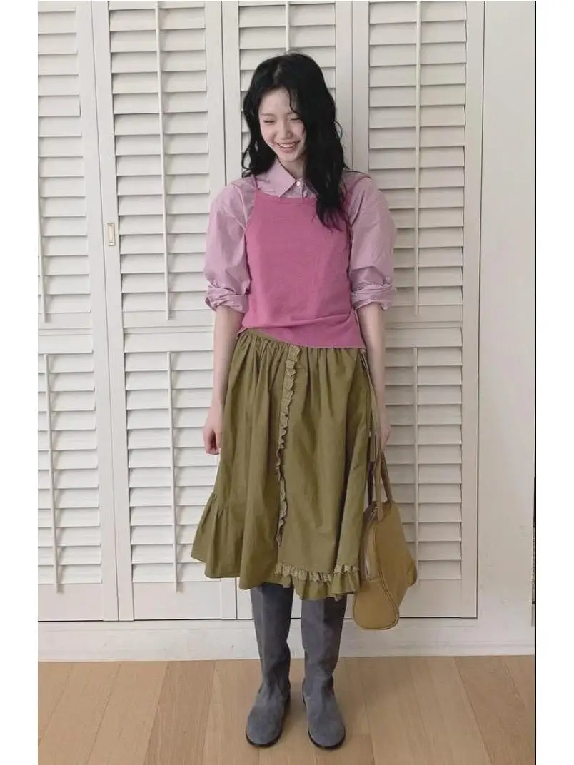 

Smooth Mood Asymmetric Lace Hem Pleated f Skirt Vintage Sle Midi Skirt Cotton Material Loose Fit A-Line Silhouette