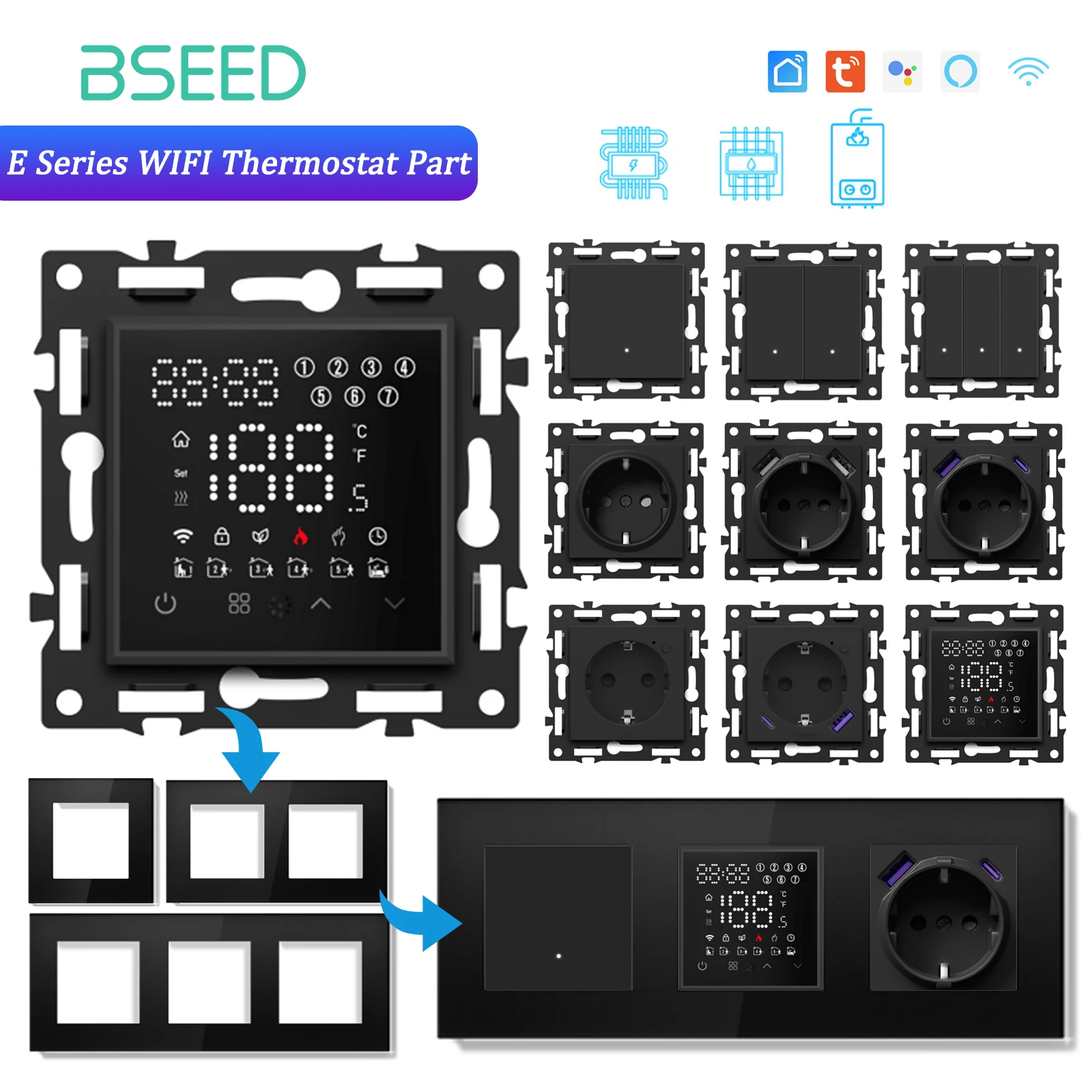 

BSEED WiFi Thermostat Smart Temperature Controller Electric Heating Module Water Boiler Glass Panel Tuya Google Home Control