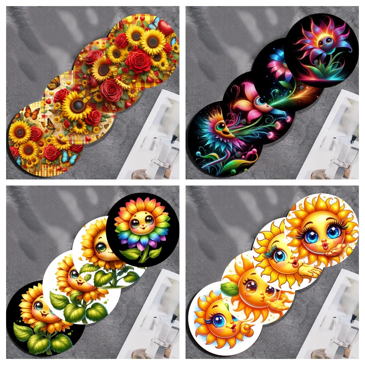 4pcs/set set of colorful sunflower art coasters, anti-slip wooden coasters, suitable for kitchen, office and party decoration