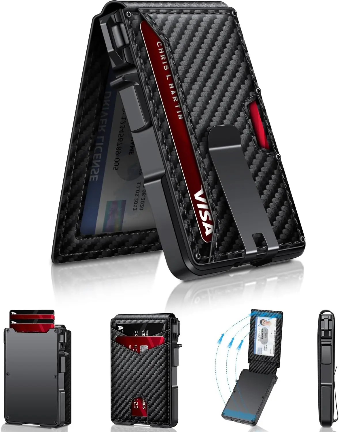 Cartera Minimalista Delgada para Hombre con Bloqueo RFID, Tarjetero Pop-Up, Estuche de Aluminio, Diseño de Fibra de Carbono con Clip para Billetes y Ventana para Identificación