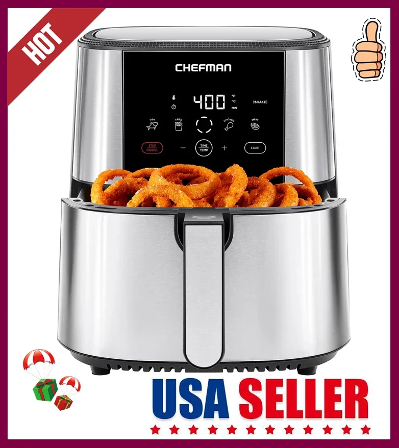 

NEW Touch Air Fryer, XL 8-Qt Family Size, One-Touch Digital Control Presets, French Fries, Chicken Meat Nonstick Dishwasher