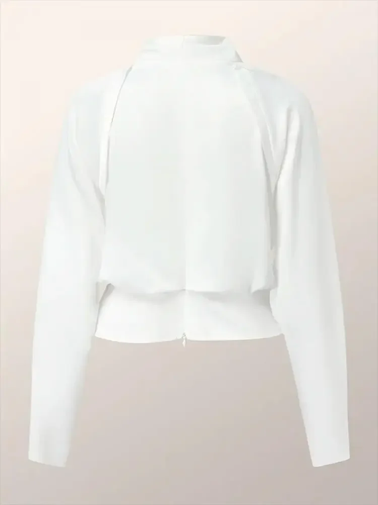 Yeezz Urban Female Elegant V-Neck Long Sleeves Pleated Tops Women 2025 New Fashion Solid Color Zipper Casual Office T-shirts