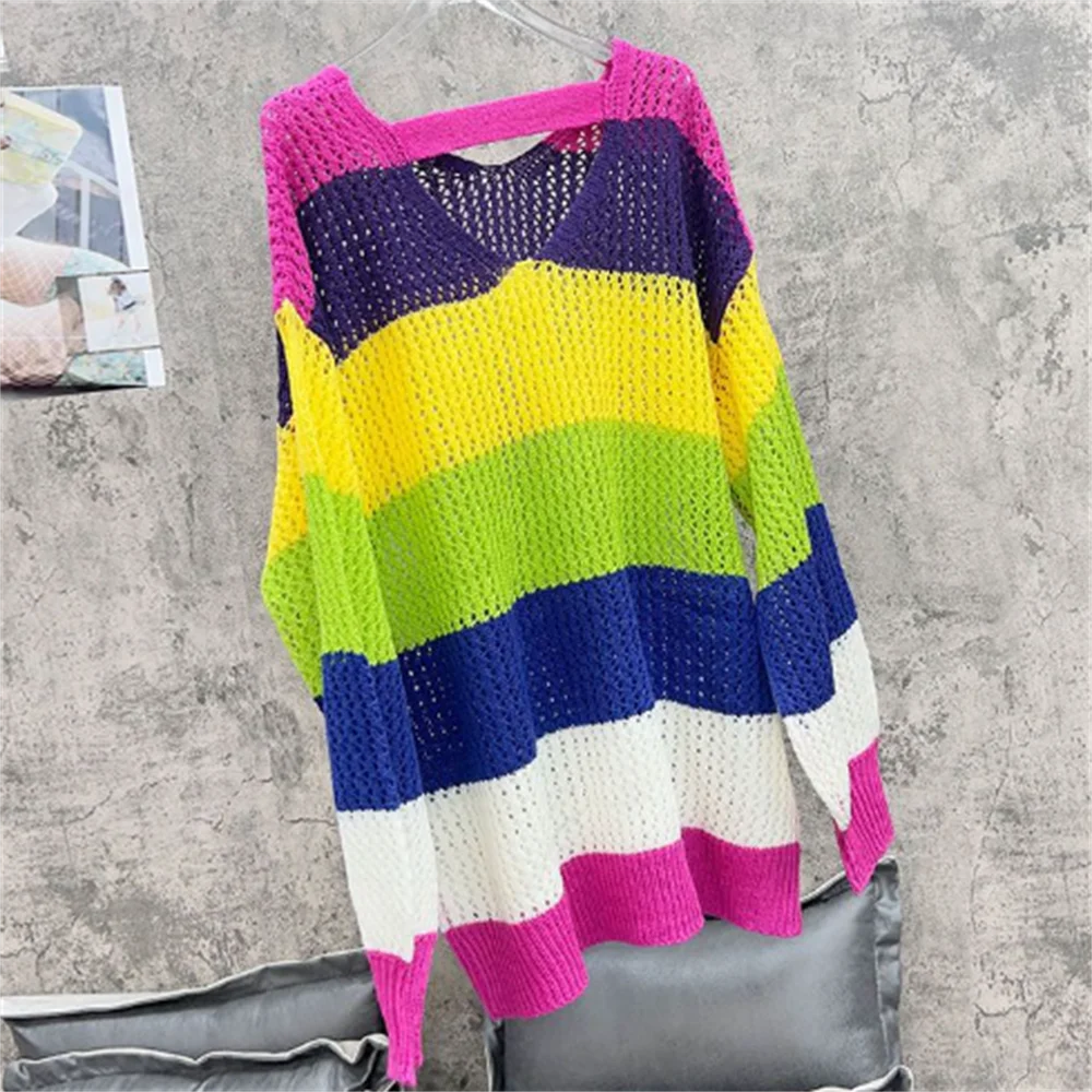 

Women V-collar hollowed-out sweater loose sweater lazy long-sleeved top