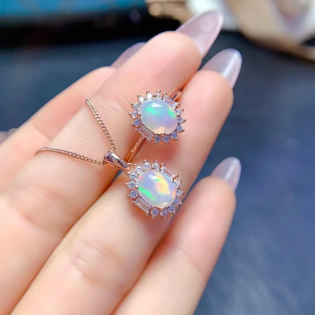 Australian Opal Ring and Pendant 6mm*8mm Total 1.2ct Natural Opal Jewelry Set for Daily Wear 18K Gold Plated Gemstone Jewelry