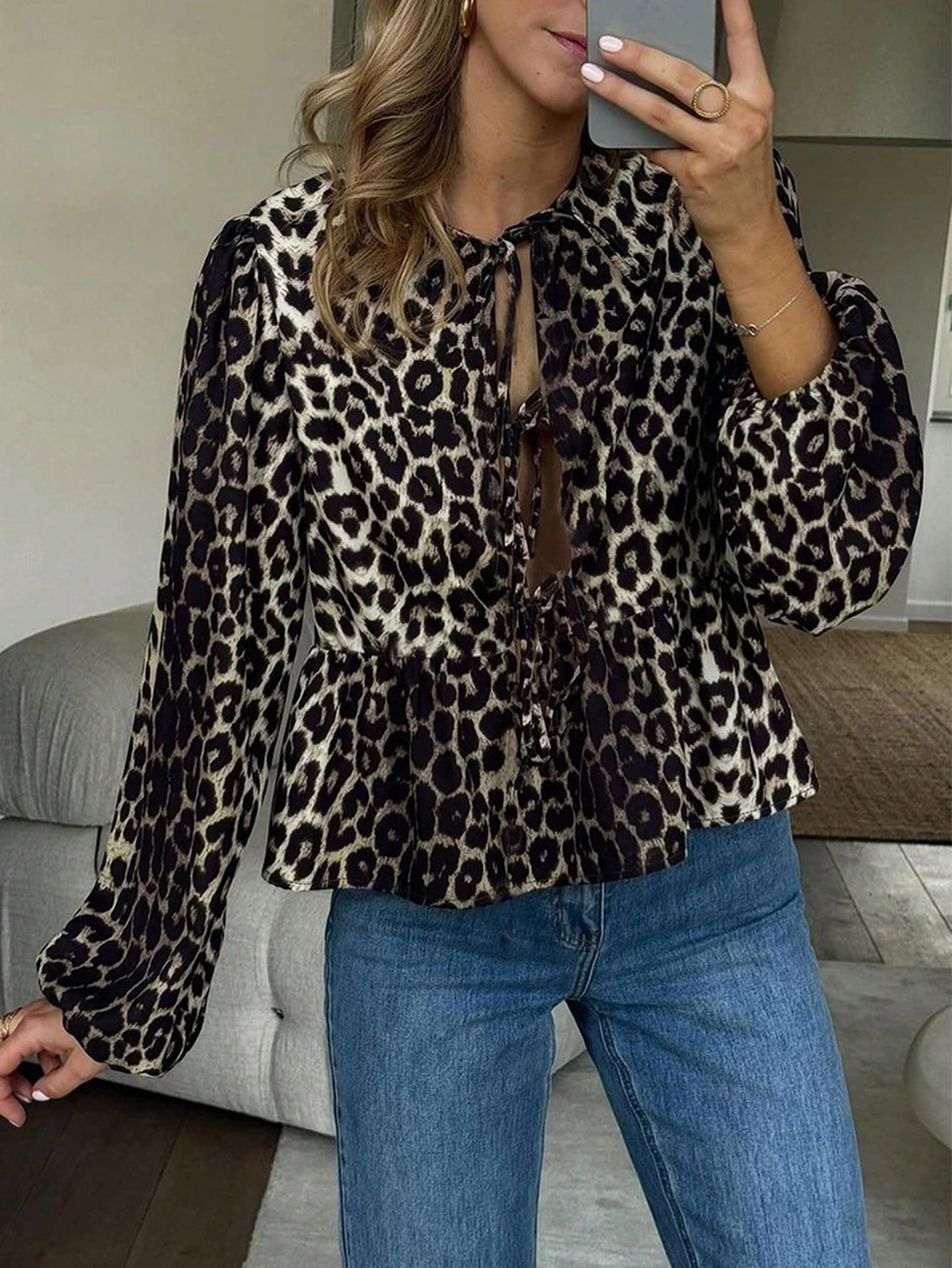 Herbsthemden 2025, schicke Damen-Hemden mit Leopardenmuster, Schnürung, langen Ärmeln, Rundhalsausschnitt, Volant, High Street-Hemden