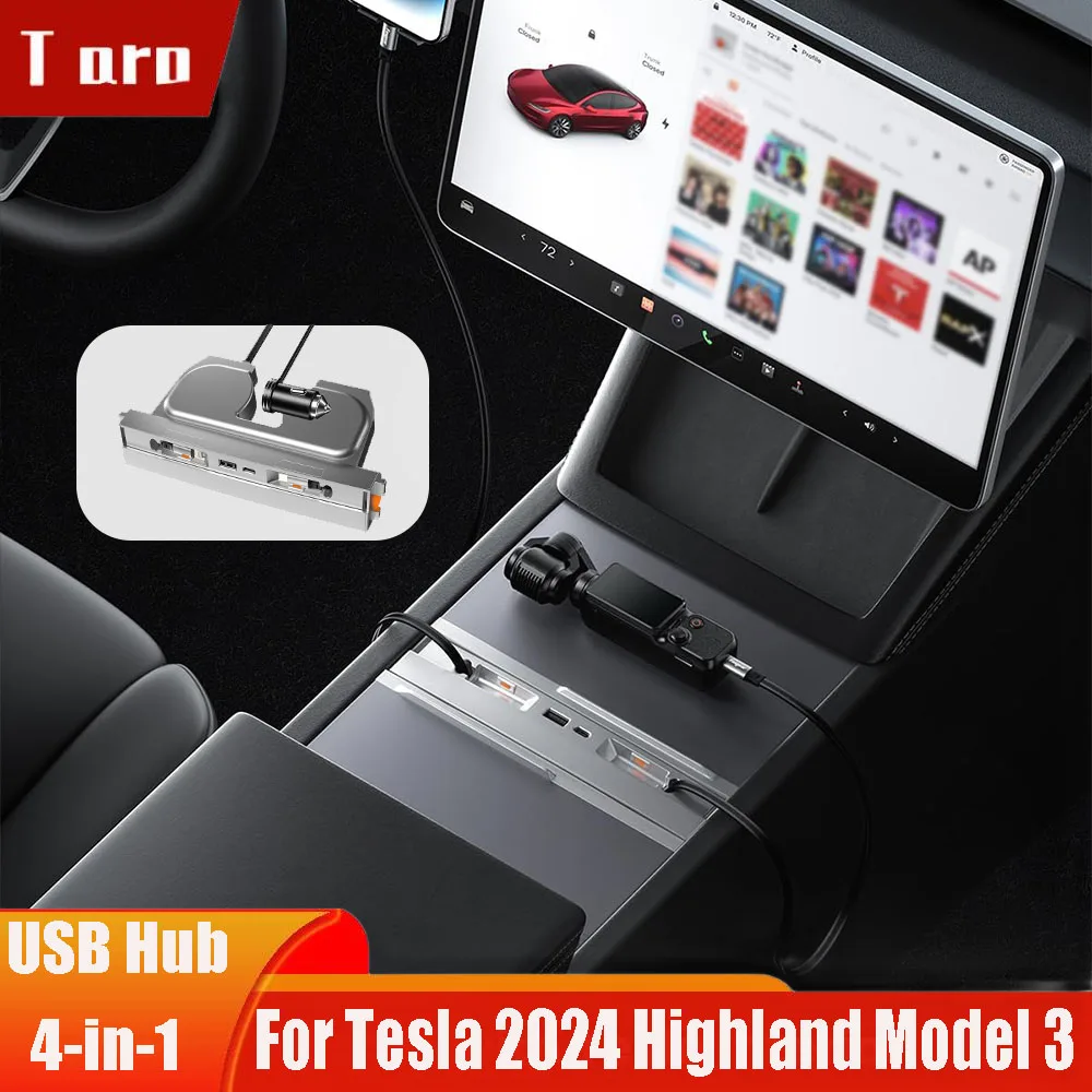 

USB Hub for Tesla 2024 Highland Model 3, 27W Fast Charging Center Console Charging Dock, 4-in-1 Compatible with Model 3 Highland