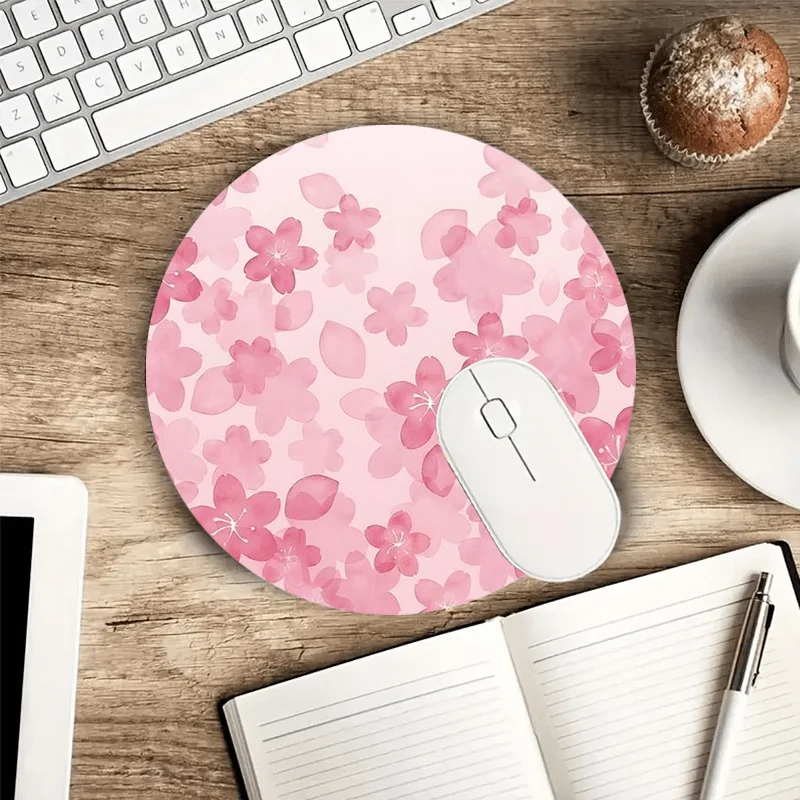 

Круглый коврик для мыши Sakura — нескользящая резиновая основа, портативный настольный коврик, подходящий для офиса и дома, прочный милый розовый дизайн