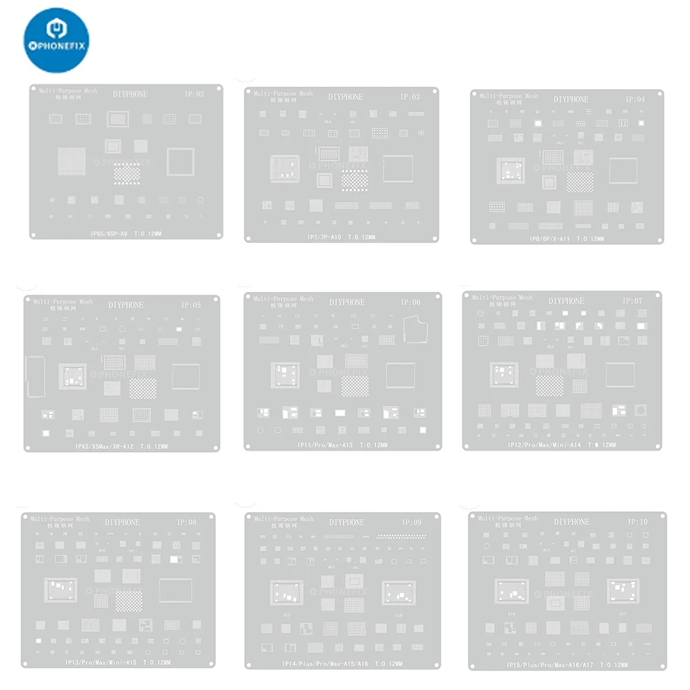 BGA Reballing Stencil Kit for iPhone 16 15 14 13 12 11 XS 8 8P 7 7P 6 High Precision CPU IC Chip Planting Tin Tool Metal Sheet