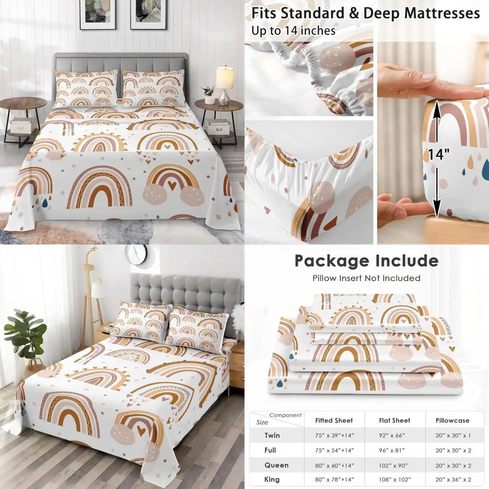 

Boho Pink Rainbow Twin Size Bedding Set - 3-Piece Soft Microfiber Sheets for Kids & Adults Bedrooms