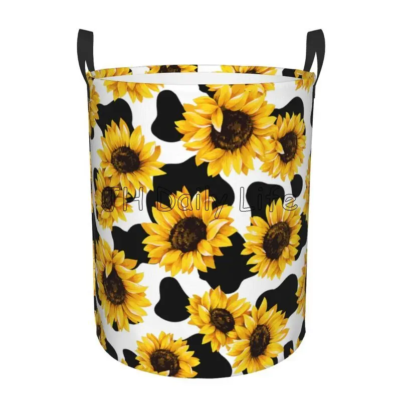 

Sunflower and Cow Print Laundry Hamper Funny Foldable Waterproof Oxford Cloth Laundry Storage Basket for Home Bathroom Bedroom