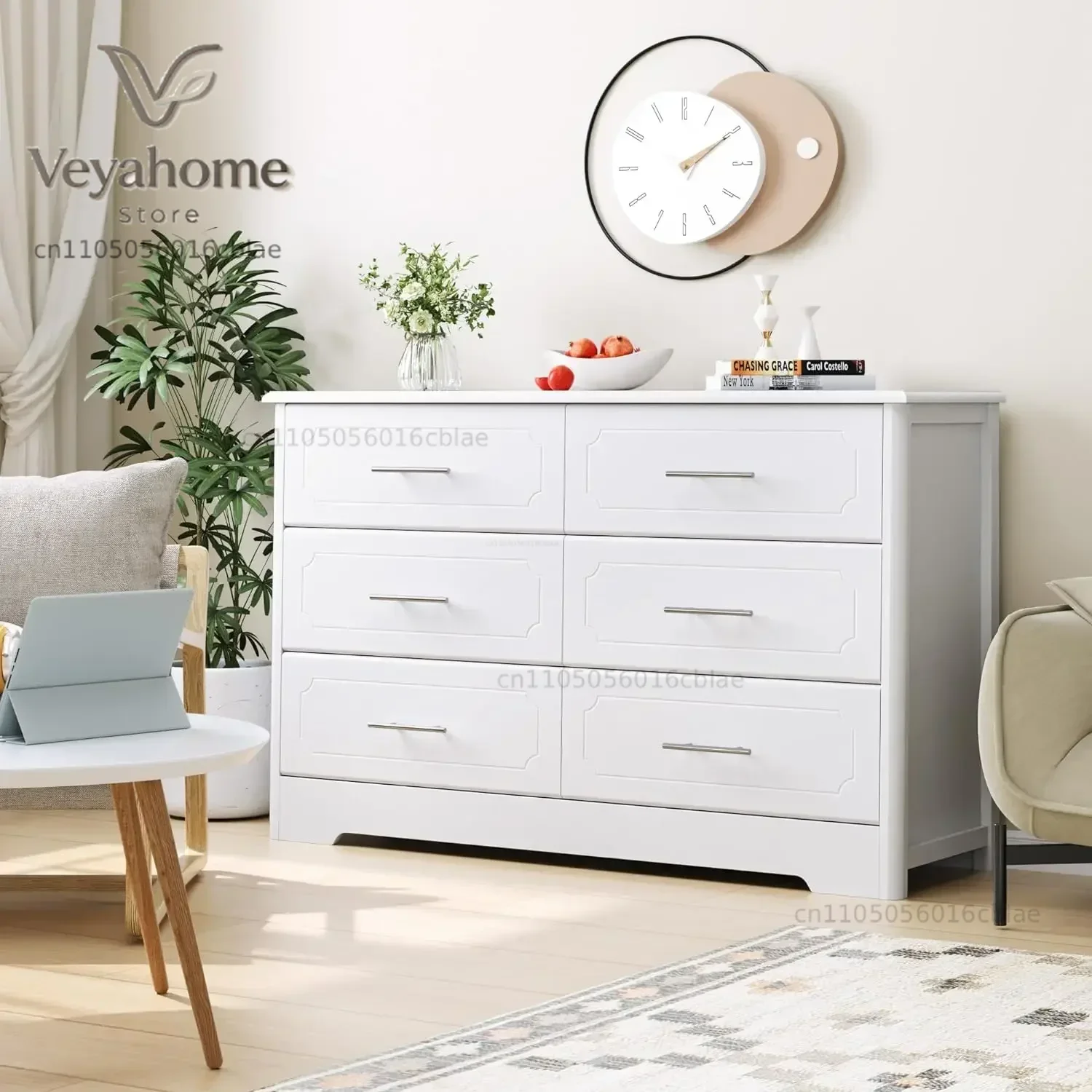 Furniture 6 Drawer Dresser, Modern White Wide Chest of Drawers with Metal Handels, Wood Double Dresser, Storage Chest