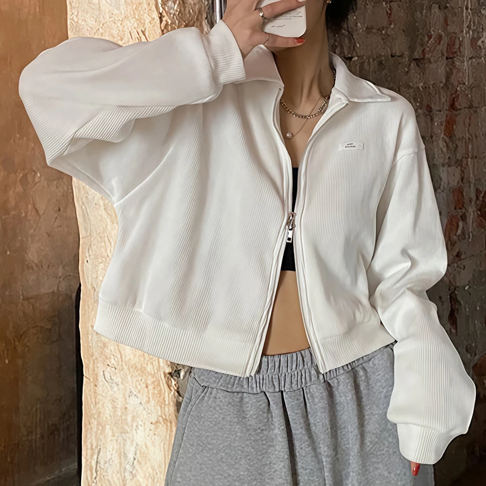 Solid Color Waffle Knit Zipper Collar Short Coat Women Casual Sports Jacket Spring Autumn Winter Daily Vacation Outerwear