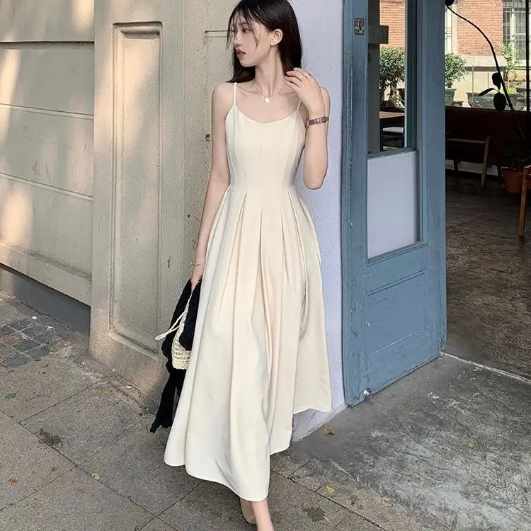 Korea Sleeveless Midi Dress Women Holiday Gentle Vintage Simple Leisure Elegant Sweet Summer A-line Temperament Vestidos