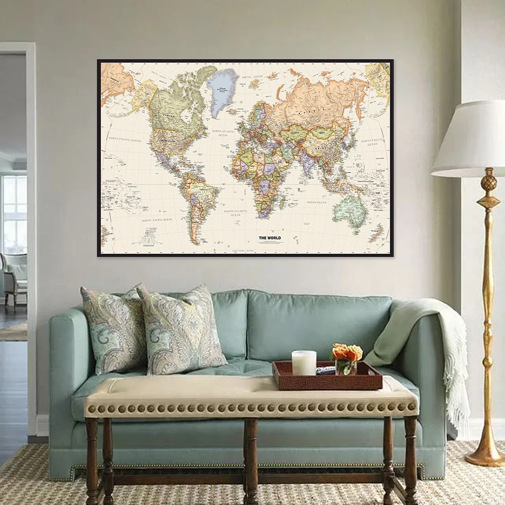 59*42cm Retro World Map Detailed Map of Major Cities In Each Country Non-woven Vintage Map Home Decoration Wall Poster