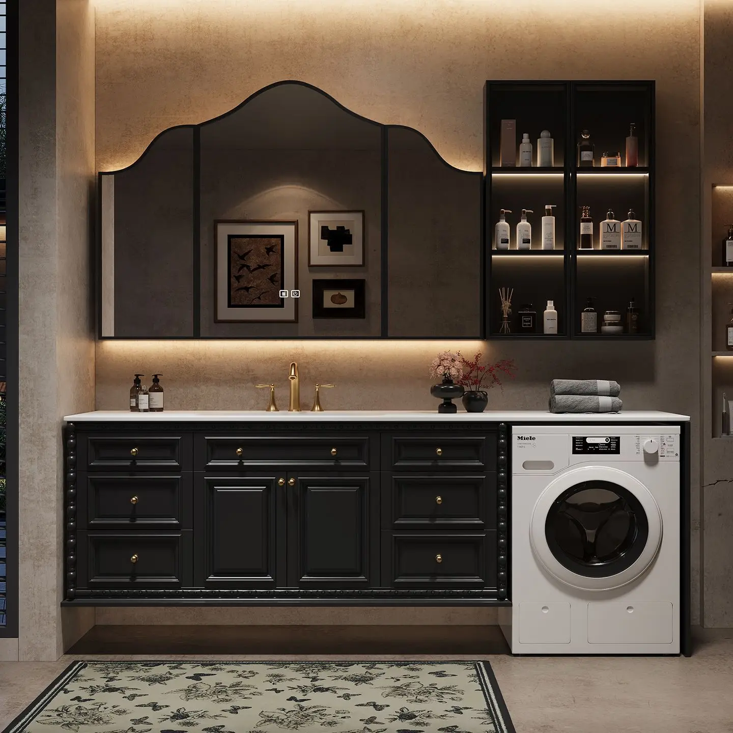 

Oak washing machine integrated cabinet combination French retro toilet bathroom cabinet rock slab seamless washbasin