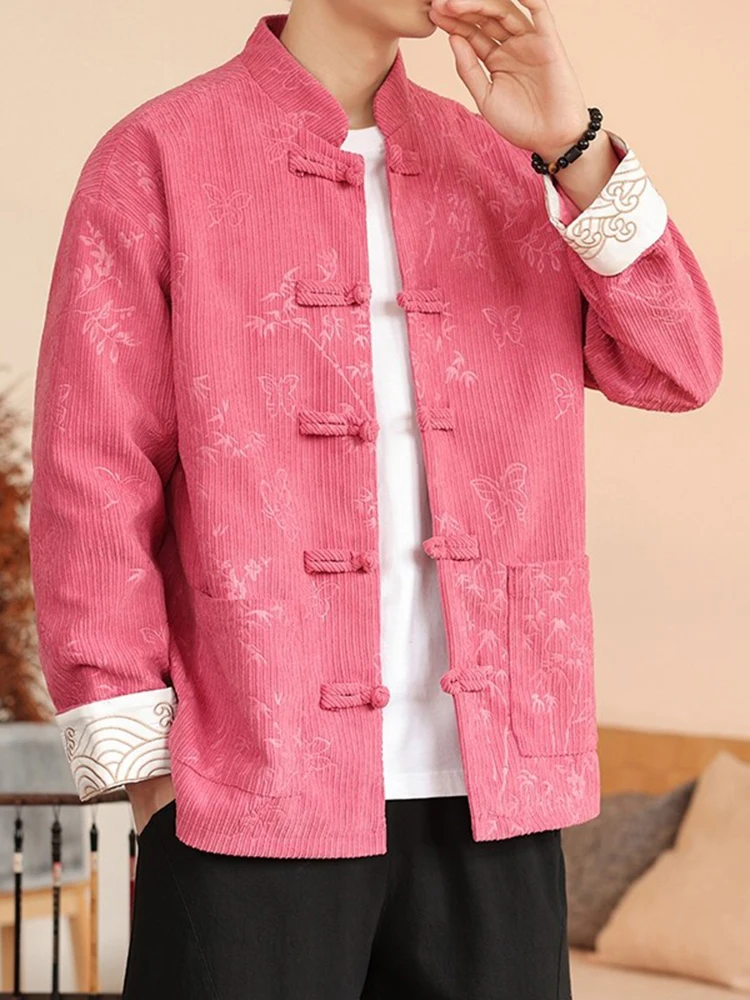 

Новая мужская куртка в китайском стиле: ретро-рубашка с воротником-стойкой, весенне-осенняя, из вельвета, в стиле Тан, улучшенный ханьфу, модная куртка