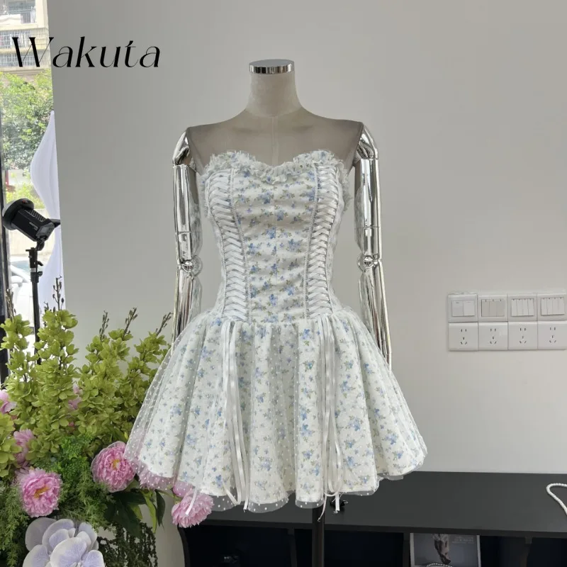 

KAMEHARA French Strapless Backless Fluffy Temperament Robe Gentle Girl Floral Waist Cinching Short Skirt High-end Sweet Vestidos