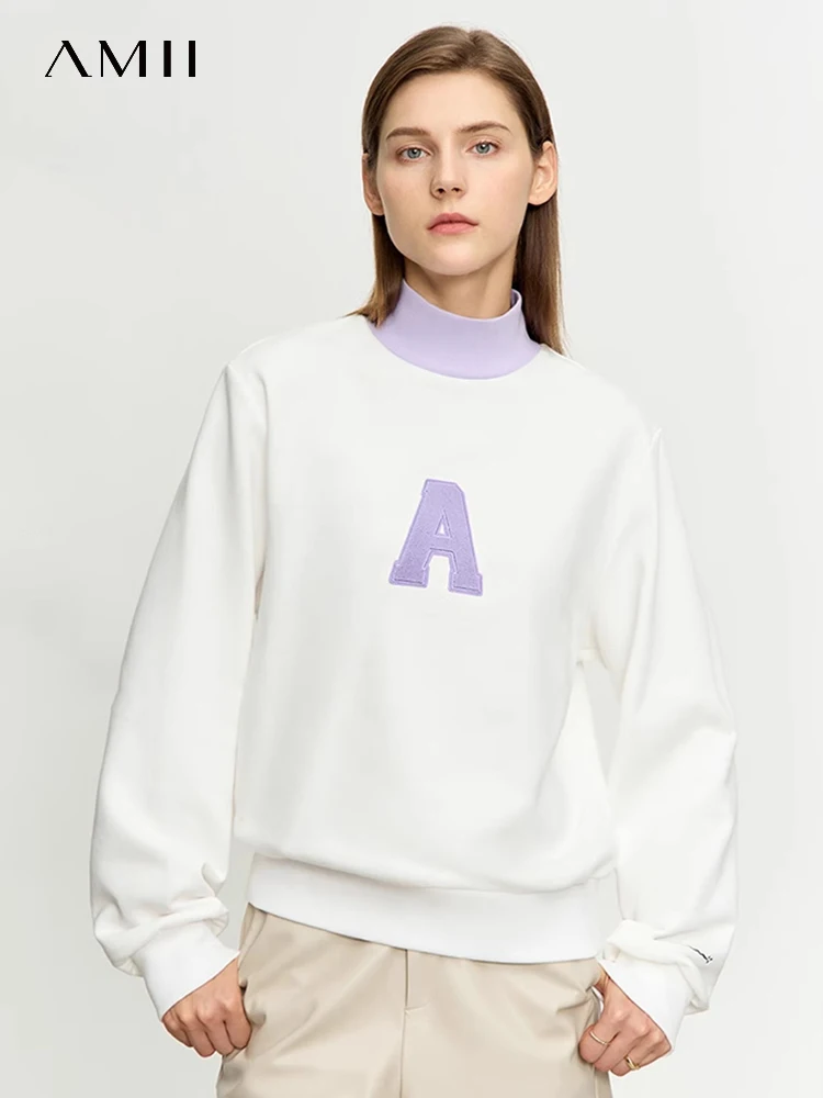 AMII-Sweat à capuche minimaliste en coton pour femme, col haut, lettre brodée, pulls féminins, dame de bureau, automne, nouveau, 2023, 12313005