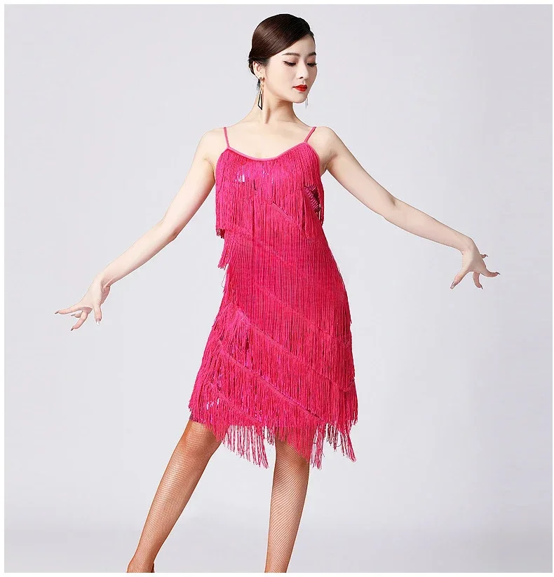 

New Latin Ball Strap Skirt Tassel Skirt V-neck Latin Dance Sparkle Tassel Dance Skirt Stage Performance Competition Dress